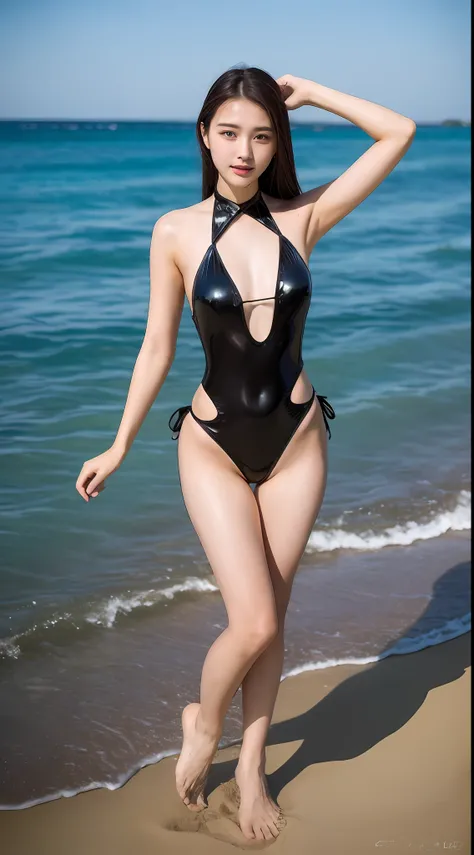 ((Top Quality, 16k)), 17 year old Chinese woman, shiny water monokini bikini, full body, big, wide waist, dark brown hair, perfect body