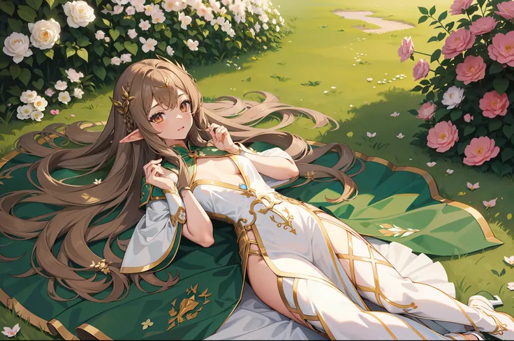 Elf Girl，light brown hair，length hair，brown eyes , shiny skins，A princess，Extremely detailed CGunity8 wallpaper，tmasterpiece，（ultra detali），（illustratio），（Flower hairpins，Flowers，gardener），grow，naturey，high-heeled，fullllbody，Complete clothes