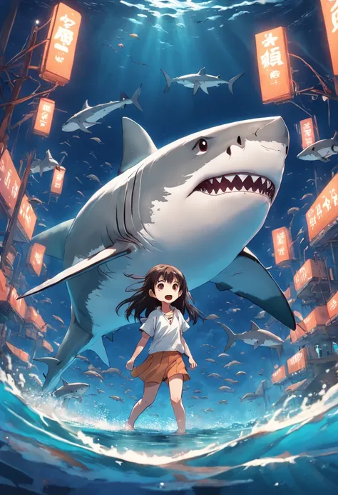 Great white shark，cartoony，childrens