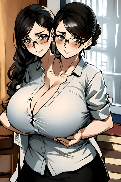 2heads, a tall fat woman with 2 heads. She has enormous breasts. She is wearing a professional-looking button-up shirt and a tight skirt. She has black hair tied up in a bun. She is in a library with a window. She is wearing glasses. She has gigantic breas...