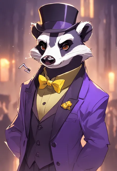 Theres a cartoon gangster badger with a yellow bow tie and a yellow purple tuxedo, anthropomorphic badger, inspirado por Joseph Badger, texugo texugo, texugo, texugo peludo, smoking, anthropomorphic racoon, um guaxinim vestindo roupas formais, bonito wease...