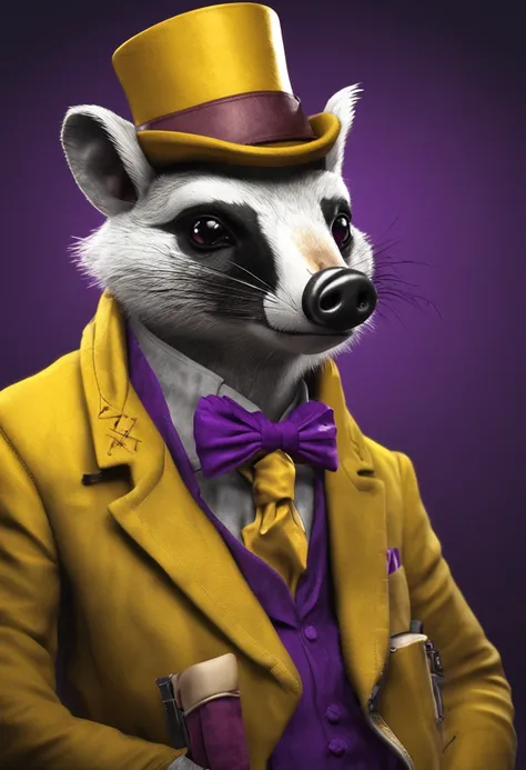 Theres a badger anima gangster, com uma gravata amarela borboleta e um smoking roxo amarelo, anthropomorphic badger, fotorrealista, correntes de ouro, inspirado por Joseph Badger, texugo texugo, texugo, texugo peludo, smoking, anthropomorphic racoon, um gu...