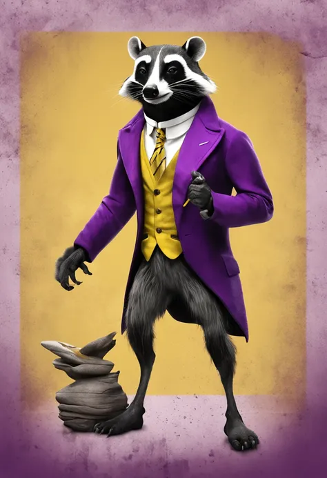 Theres a badger anima gangster, com uma gravata amarela borboleta e um smoking roxo amarelo, anthropomorphic badger, fotorrealista, correntes de ouro, inspirado por Joseph Badger, texugo texugo, texugo, texugo peludo, smoking, anthropomorphic racoon, um gu...