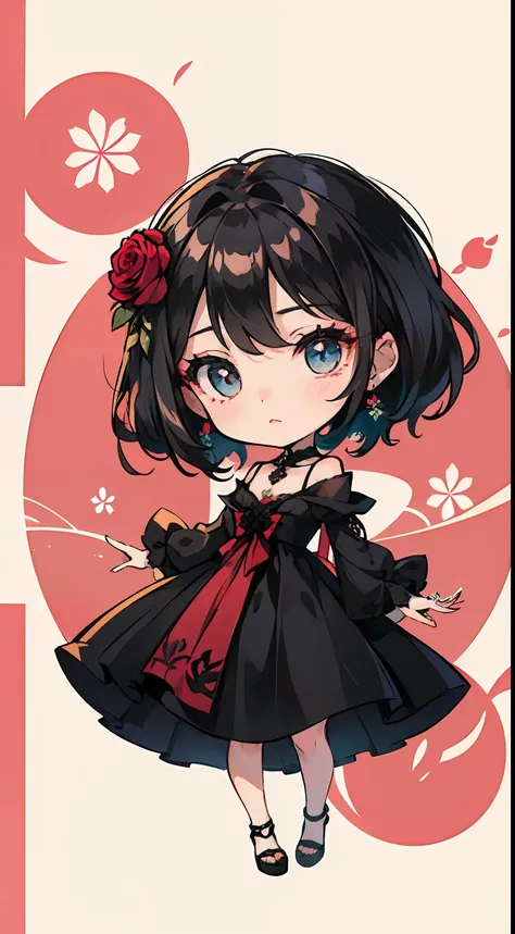 chibi, semi chibi, menina bonita, cabelo preto, vestido preto, olhos dourados, coroa de flores, rosas vermelhas, full body commission, cabelo comprido