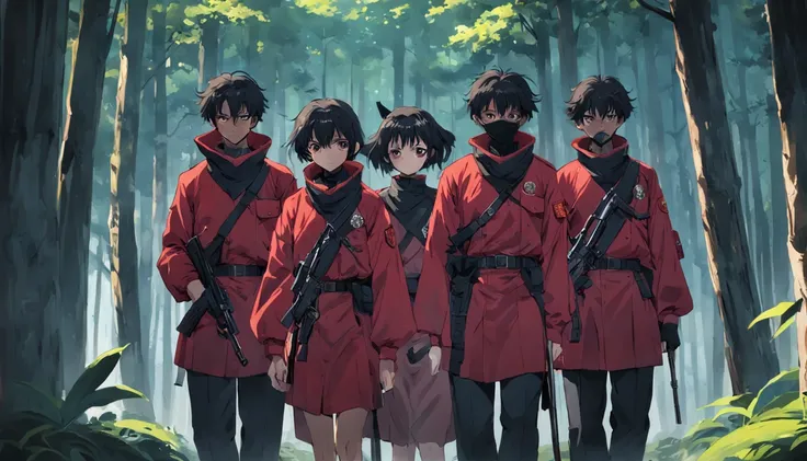 {{{tmasterpiece}}}，{{{HighestQuali}}}，{{{A high resolution}}}，{{{Highest image quality}}}，Four guerrillas dressed in red pose for a group photo in front of the camera，In the background is a birch forest，There are men and women，black glove，Several people st...