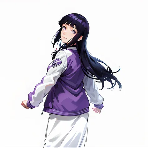 a close up of a person in a purple jacket and long white skirt, hinata hyuga, hinata hyuga from naruto, from behind, look back, soft smile