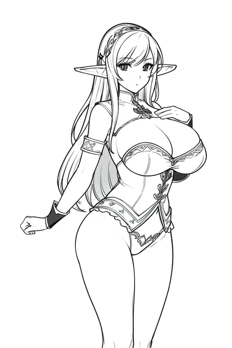 masterpiece, best quality, (detailed background),High contrast,1girl,full body, cowboy shot,(white background:1.5), ((sketch)), clean lineart, Huge Breasts, Elf, Sexy Pose, round ass