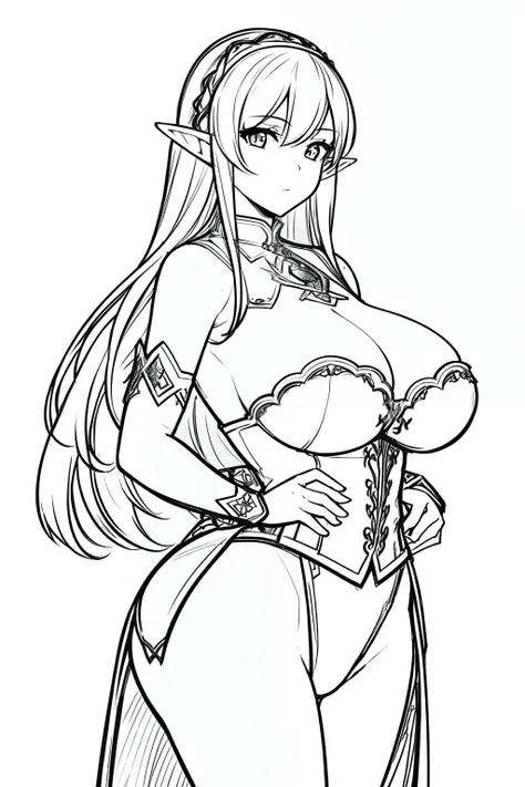 masterpiece, best quality, (detailed background),High contrast,1girl,full body, cowboy shot,(white background:1.5), ((sketch)), clean lineart, Huge Breasts, Elf, Sexy Pose, round ass