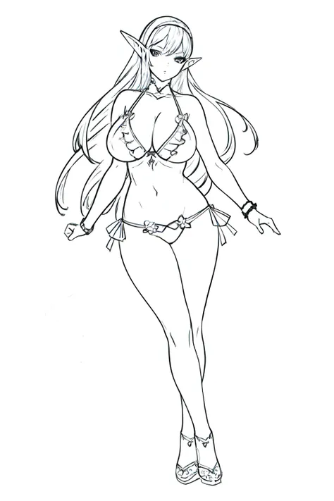 masterpiece, best quality, (detailed background),High contrast,1girl,full body, Bikini, (white background:1.5), ((sketch)), clean lineart, Huge Breasts, Elf, Sexy Pose, round ass