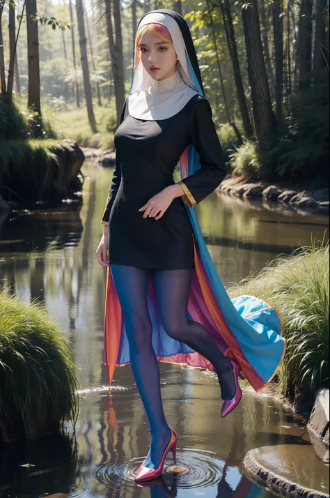 (full body:2)，(1girl:1.3),(view the viewer:1.4)，(anatomy correct:1.4),(((colorful pantyhose)):1.3), (pointed thick heels :1.3),,((Dancing By the creek in the forest):1.2),((Medieval female nuns knee-length dress suit):1.3),(Extra Long blonde Hair:1.2),(Acc...