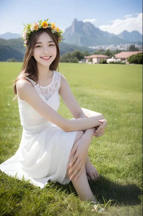 18-year-old girl，Wearing a white dress，Wearing a flower crown on his head，Sitting on the grass and smiling，Behind are the mountains。