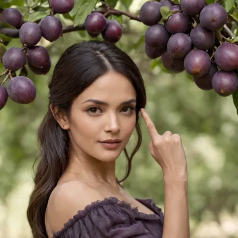 Salma Hayek, Purple bikini, smiles slyly, Against the backdrop of a magical forest, in a wonderful forest, Large plums grow on a large tree, good tits, High-quality hands and fingers, symmetric eyes, Hot photo, leans forward, Hands Behind Your Back, Very r...