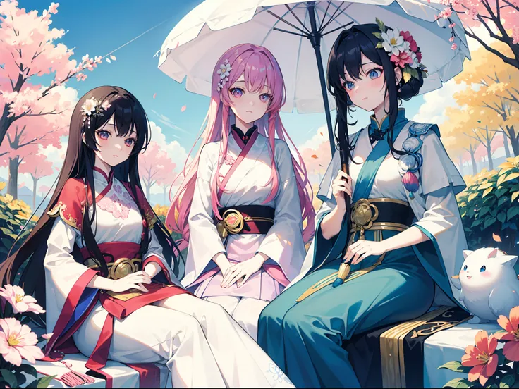 high-level image quality、detail portrayal、animesque,Vibrant colors。Woman and four vassals。Woman relaxing surrounded by parasols on all sides。Beautiful facial features、Pearl skin,White sun shines。Vassals holding parasols around young woman。highlight