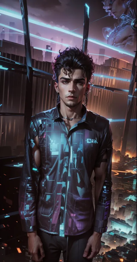 Change background cyberpunk handsome boy,realistic face,8k,ultra realistic,big and curly hair,big chest,jawline