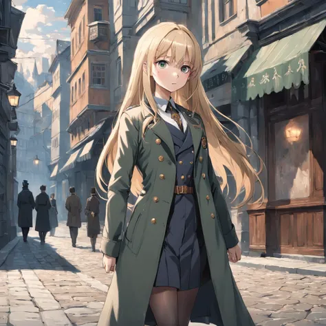 Lonely young girl, Tall stature, little chest, Slavic appearance: Green eyes; blond hair; sharp facial features; Straight nose; pronounced high cheekbones, stands upright, military uniform: gray double-breasted overcoat; gray pants, full length, max detail...