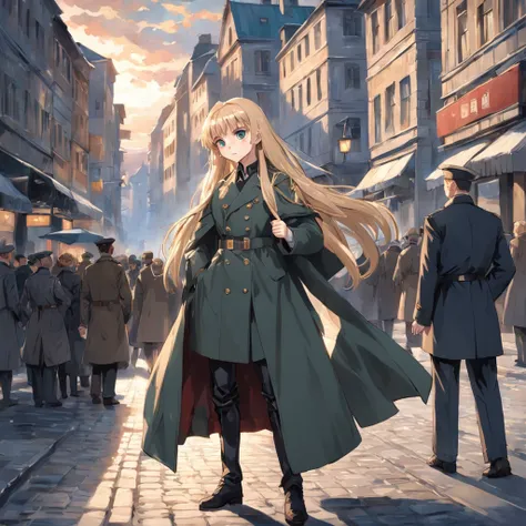 Lonely young girl, Tall stature, little chest, Slavic appearance: Green eyes; blond hair; sharp facial features; Straight nose; pronounced high cheekbones, stands upright, military uniform: gray double-breasted overcoat; gray pants, full length, max detail...