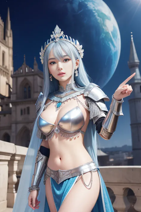 (Thin eyebrows:0.5)、(thin lipss:0.8)、(small nose:0.8)、infp young woman、A slight smil、blue hairs、flying pose、gypsy dress、(Silver armor:1.1)、(Ornately decorated armor:1.３)、(Pedras preciosas:1.3)、dynamicposes、Opening legs、(the perfect body:1.2)、(small nipple:...