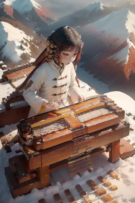 (((A girl plays a guzheng on a snowy mountain:1.4),(a asian beauty:1.2),(White skin),(High quality),(Perfect),(eventide:1.1))