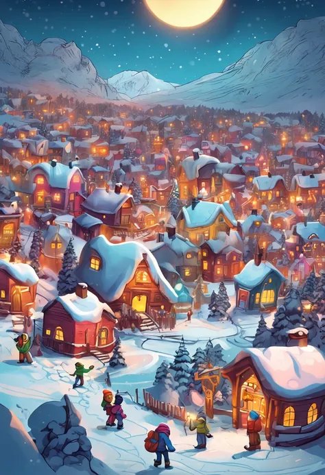 Draw A breathtaking view of the snow-covered Plateau with enchanted villages surrounded by colorful lights.  Draw In the center, two young elves. draws a giant snowman, wearing sunglasses and a pirate hat.