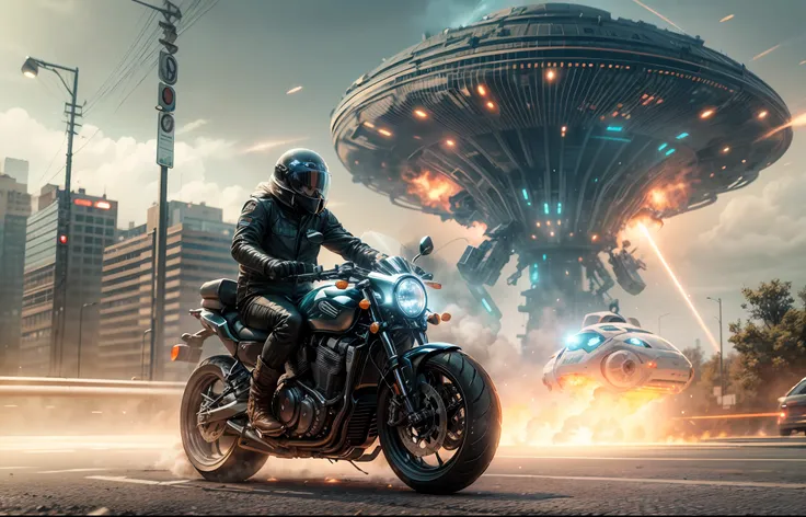 "masterpiece, wide shot, cinematic angle, a motorcycle rider driving away from laser-firing alien spaceship invasion, stunning explosion in the city street, volumetric lighting, (epic composition, epic proportion), Octane render, HD,