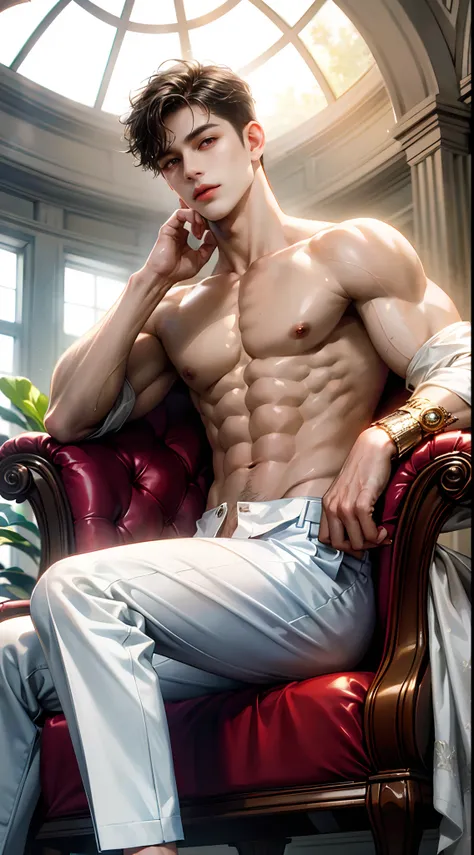 (absurderes, A high resolution, Ultra detailed, hdr), Masterpiece, Best quality, Portrait of a boy, Handsome boy with red eyes, Detailed face, Professional photo, The Alafed man is shirtless, Sit comfortably，legs are open, (puffynipple(From below:1.1)), Fo...