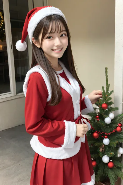 masutepiece, Best Quality、15yo student、女の子1人、Christmas_Dress、Santa Claus costume、Christmas、Christmas tree、femele、hi-school girl、a smile、ssmile、独奏、 Brown hair、Naked femele、​masterpiece、top-quality、Very Detailed Masterpiece、hight resolution、8K、韓国アイドル、乃木坂アイドル...