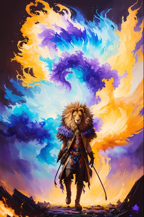 extremely stressed anime lion, drinking coffee in a building on fire in the background, masterful playing card border, random Colorful art, oil painting, blue yellow colors, light purple and violet additions, light red additions, intricate detail, splash s...