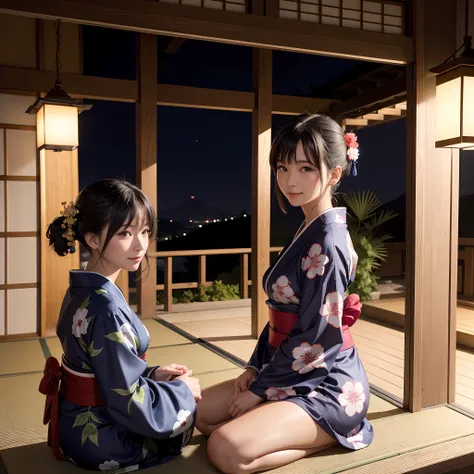 (​masterpiece、top-quality:1.2)、ultra-detailliert、lighting like a movie、（（（Beautiful woman sitting on the porch）））、A smile、woman wearing the kimono, bath robe, classy yukata clothing, Wearing a colorful yukata, in a kimono, Wearing a kimono, japanese kimono...