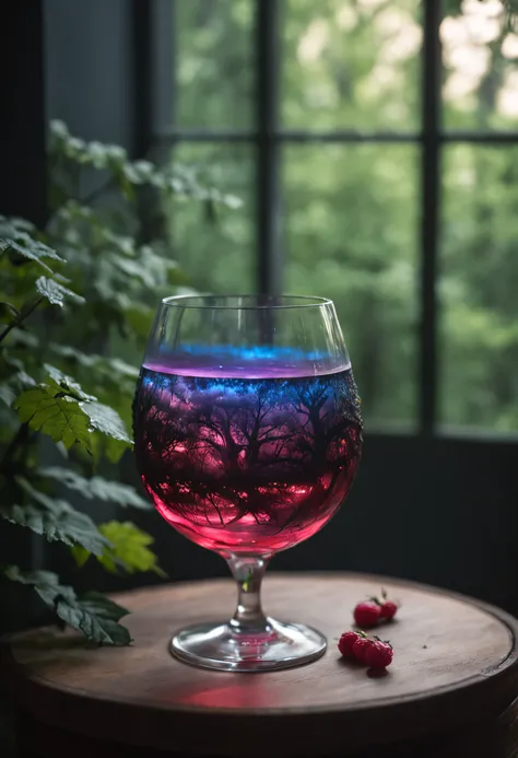 Fantasy forest in a glass of wine, neon light, Realistic, brilhar