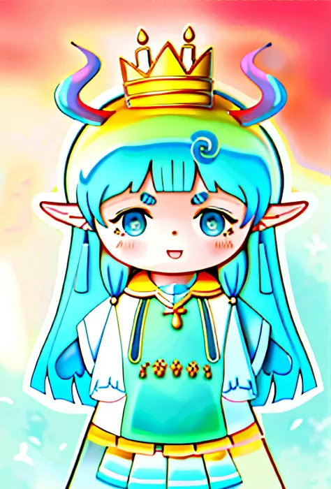 Painting of a girl wearing a cake crown on her head, tchibi, resin, Loli, cute character, cute horns, Elf Girl, Kawaii chibi, 2 d anime style, Anime girl with teal hair, cute kawaii girls, Sweet, Cute anime style, Stylized anime, , Blue Elf, in an anime st...