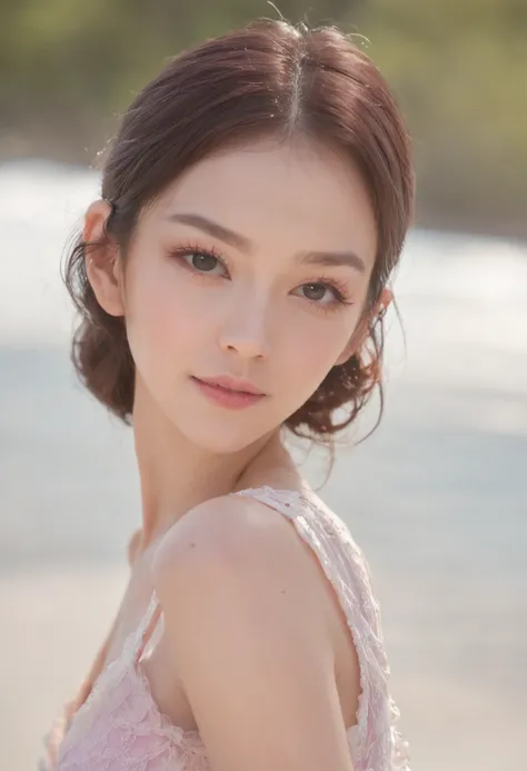 A beautiful maiden standing on the beach，She has fair skin，Brunette playful，Wear a delicate bra，Peerless beauty，Pink and purple blending，Big eyes and long eyelashes，Perfect double eyelids，Perfect eyebrow shape，Fine lashes，Cute red lips，When he smiled sligh...