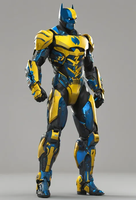 Um batman verde, amarelo e azul, brasileiro, realistic in a titanium cybernetic suit, detalhado, designe perfeito, alta qualidade arestas perfeitas e simetricas  ::n_desenho de estilo, Low-quality imperfection, boneco, jogo, anime