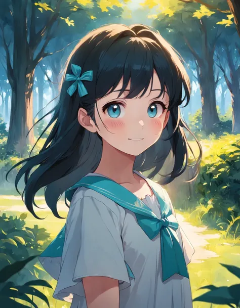 A young girl in a student outfit，Standing in a park next to a grove of trees，The sun shines on her face，There is a halo in the upper left corner，Black hair，With your right hand, you can ruffle the hair behind your ear，Bend slightly，A shallow smile on his f...