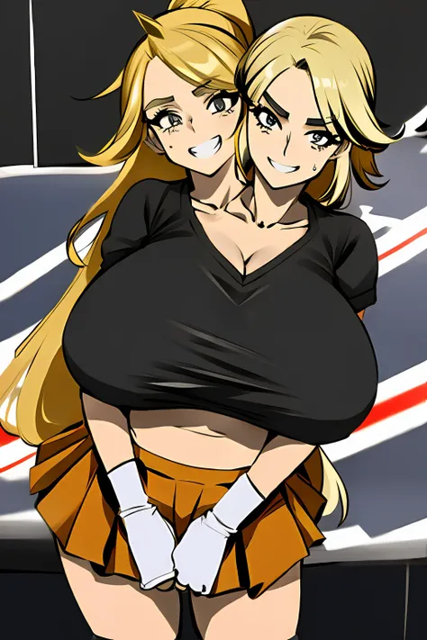 2heads, a short fat woman with 2 heads. She has enormous breasts. She is wearing a cheerleader outfit. She is outside on a football field. She has long blonde hair in a ponytail. She has massive breasts. She is extremely short. She is extremely fat. She lo...