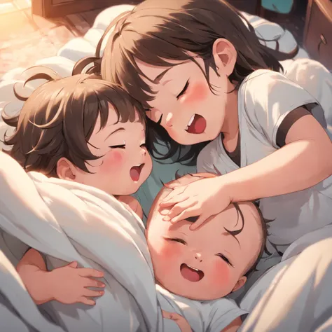 Heartwarming scene of two cute babies, A boy and a girl, Take part in a friendly match. Their chubby cheeks flushed with excitement，Giggling，Playfully rolling around on a soft blanket. The room is filled with soft natural light, Create a warm and comfortab...