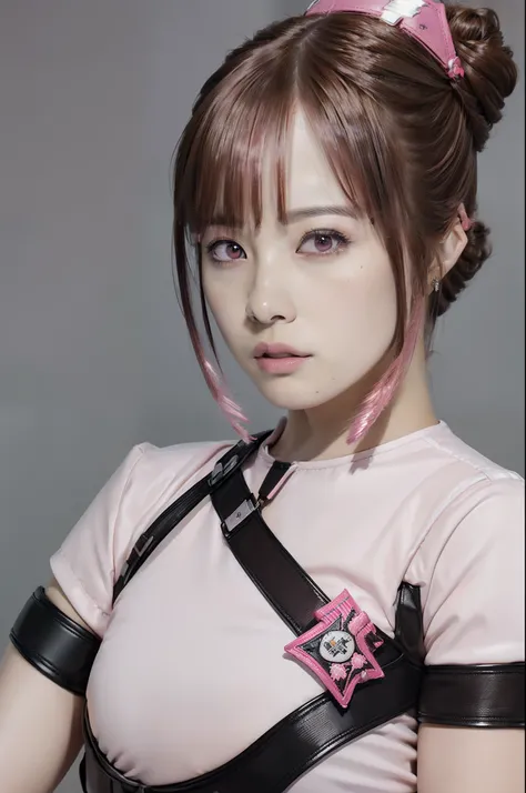 Top Quality, Ultra High Definition, (backlight), (Photorealistic:1.4), (close up:1.6, focus on face), 1 Beautiful Girl, (Kpop Idol), Detailed Face, dark brown pupil, (Hair Pink|Brown:1.3, full-bang, updo Hair:2), Contrapposto, Smooth Skin, Perfect Anatomy,...