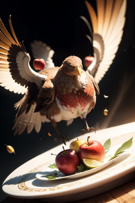 A very dynamic scene. A festive turkey to the table, covered with apples, took off sitting on a plate with jet engines, flies and hypnotizes everyone in front of it with its wing. Close-up. High speed background blur, light haze