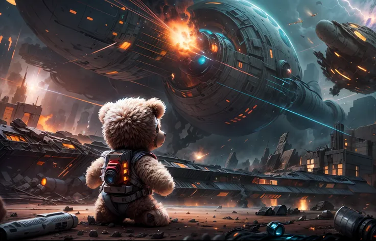 "Create a masterpiece concept art depicting an ultra-wide shot of a small Teddybear doll witnessing an epic alien invasion with laser-firing spaceships, a destroyed city, and a mesmerizing depth of field. The composition should be epic and award-winning."