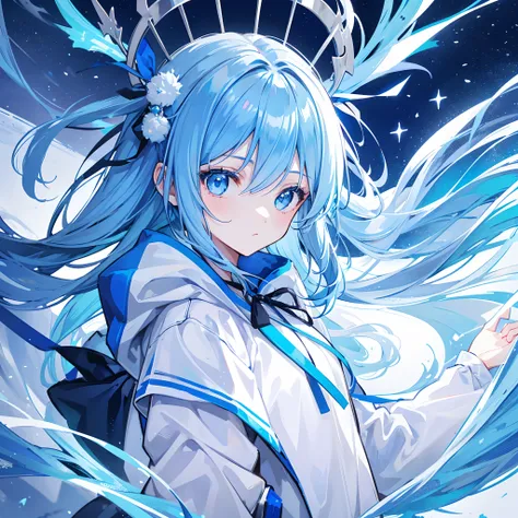 1girl, with light blue hair and blue eyes, wearing a hair ribbon and a blue and white hoodie. The scene is set in winter, with the girl looking directly at the viewer. This image can be used as a profile picture.