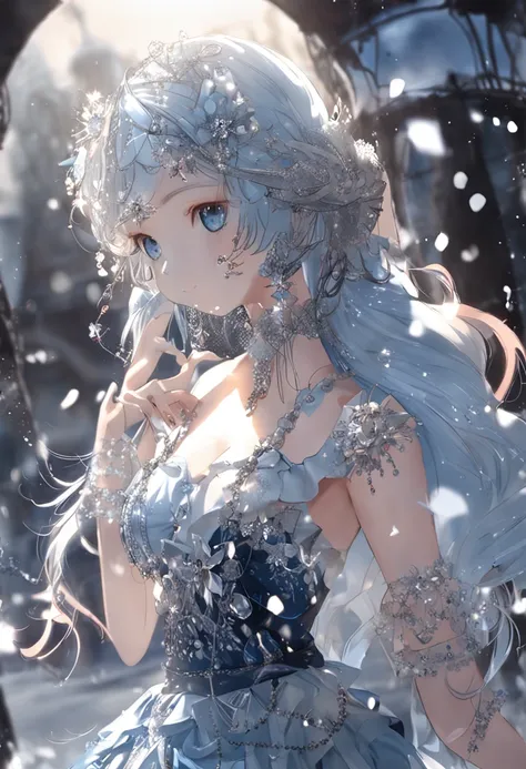 top Quority，best qualtiy，White-colored skin，8K，beautifullegs，blue hairs，Dark blue eyes，blue skirts，Ice crystal hair accessories，snowflake choker，Kizi，Ice and snow