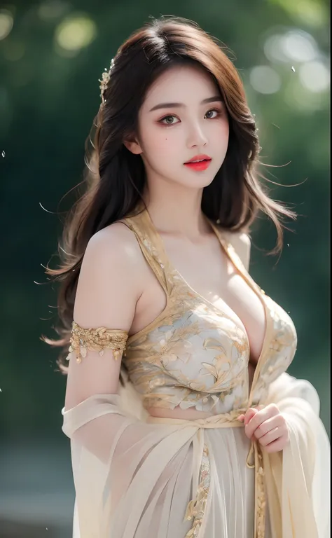 ((Best Quality, 8k, Masterpiece: 1.3)), Focus: 1.2, Perfect Body Beauty: 1.4, Buttocks: 1.2, ((Layered Haircut)), (Wet Clothes: 1.1), (Rain, Street:1.3), (Breasts: 1.2), (Hanfu: 1.2), Bare Shoulders, Bare Legs, Highly Detailed Face and Skin Texture, Fine E...