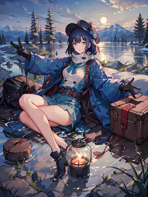 Anime girl sitting on stone，Holding a kettle and bag, by Yang J, Kantai collection style, trending on artstation pixiv, Guweiz in Pixiv ArtStation, Guweiz on ArtStation Pixiv, by Kamagurka, wallpaper anime blue water, High Quality Anime Art Style, author：S...