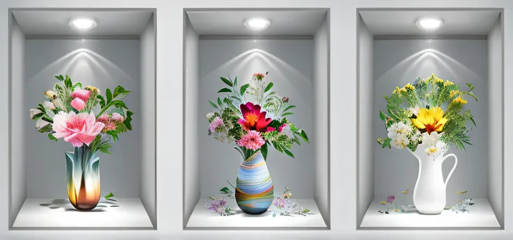 Three vases with flowers on continuous display, vase with flowers, with colored flowers, photo realistic image, Glowing flowers, i dream of a vase flowers, With flowers, 3d product, lamps and flowers, with photorealistic lighting, realistic 3 d style, very...