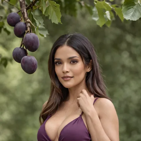 Salma Hayek, Purple bikini,Large plums grow, smiles slyly, Against the backdrop of a magical forest, Large plums grow on a large tree, good tits, High-quality hands and fingers, boobs falling out of the bikini, symmetric eyes, Hot photo, leans forward, Han...