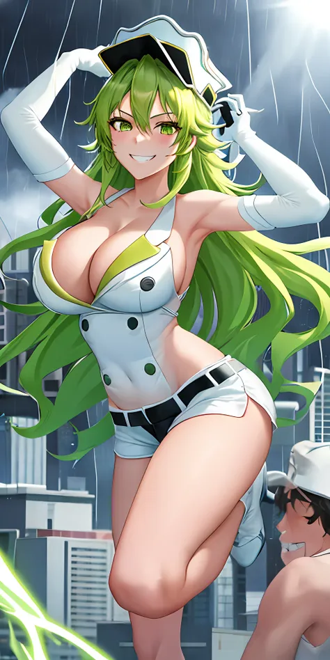 巨作, best quality, candice, 1girl, 独奏, long  hair, huge breasts, smile, big breasts, gloves, white hat, cleavage, green eyes, gre...