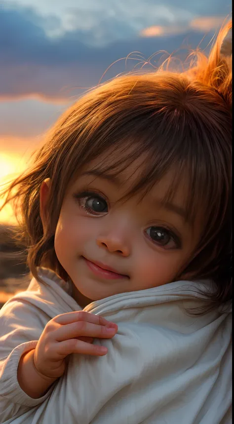 Cute Baby Chibi Anime,Close-up of african american womans face, Wrapped in warm orange, As if illuminated by the soft light of the sunset, His eyes shining with joy and satisfaction, Surrounded by flowing hair, photography, Shot on 35mm lens