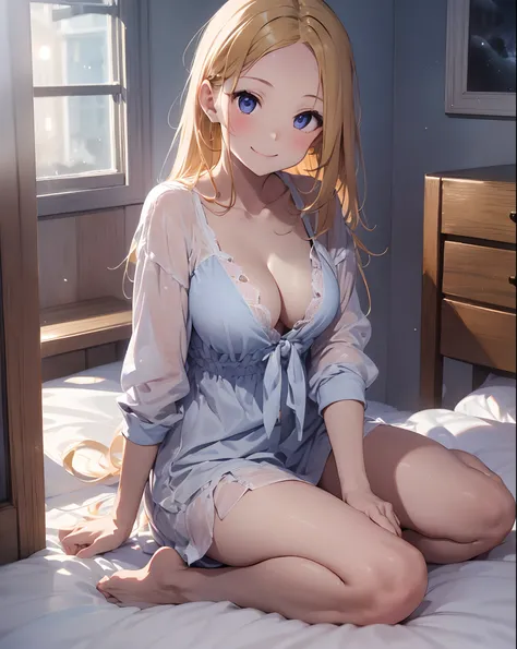 Girl in oversized blouse over naked, a blond、(Bring out your forehead:1.2)、 lightsmile, Happy, Calm,Medium chest,
Sitting on the bed , cleavage, lie down
Coming in tonight , Soft moonlight, Absurd resolution, Best Quality, absurd details,full body,