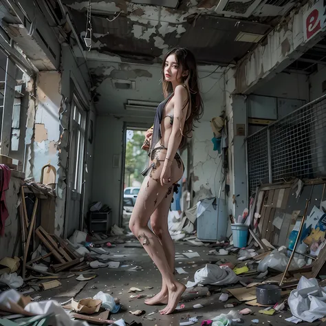 tmasterpiece，abandoned building，Garbage all over the ground，grimy，full-body portraits，Sexy standing pose，Slim legs，very beautiful long slim legs，The barefoot，Naked all over the body，full body exposed，exhibitionists，The body is exposed randomly