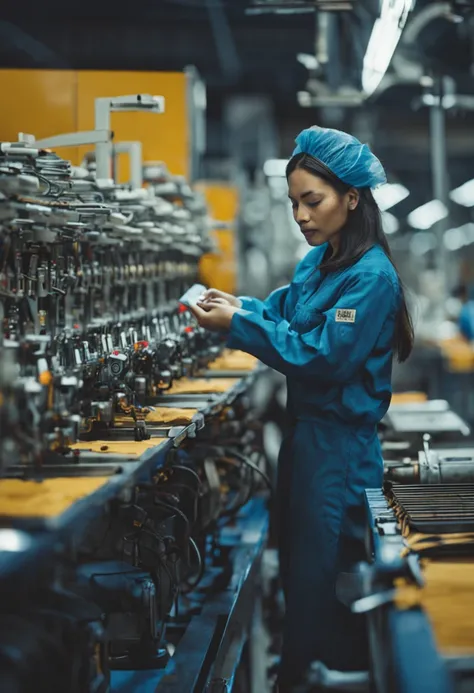 Electronics factory， Serious working assembly line women，Wear blue overalls，