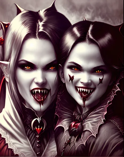A highly detailed and hyper realistic drawing of two female vampires hugging, (vampire teeth:1.4), open mouth, styled by Victoria frances, trending on artstation, sharp focus, studio photo, intricate details, highly detailed, by Tvera and wlop and artgerm,...